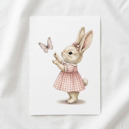 Bunny & Butterfly Nursery Poster - Cute Pink Dress Matte Vertical Print