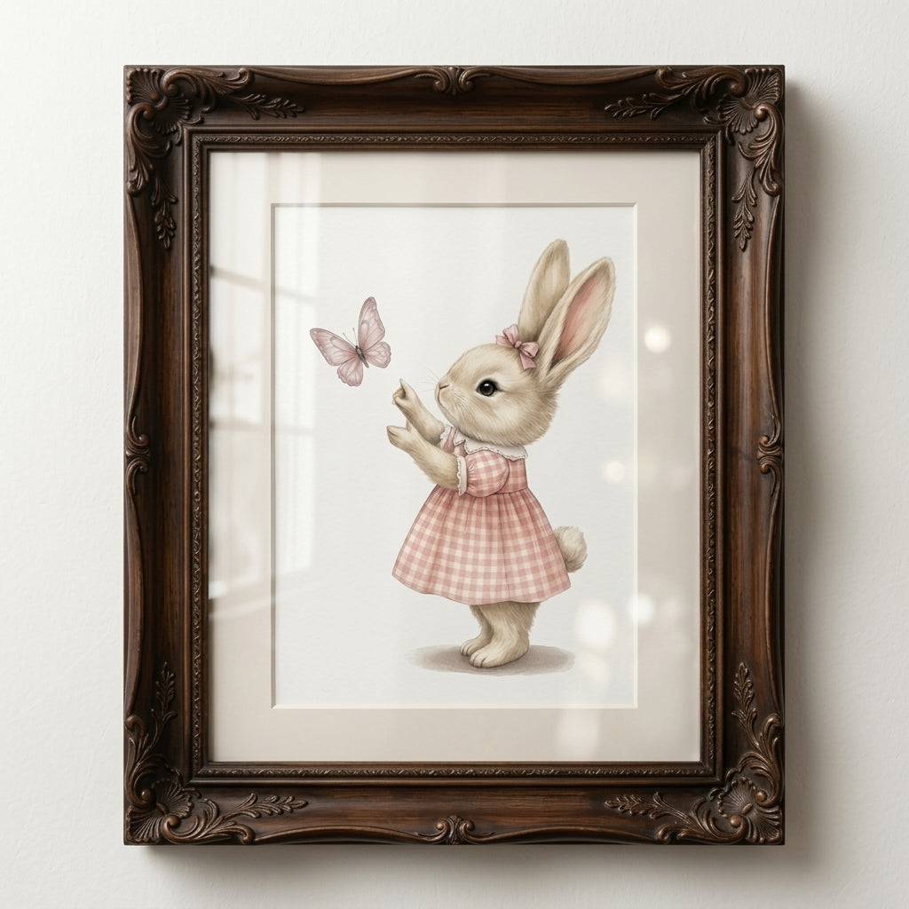 Bunny & Butterfly Nursery Poster - Cute Pink Dress Matte Vertical Print