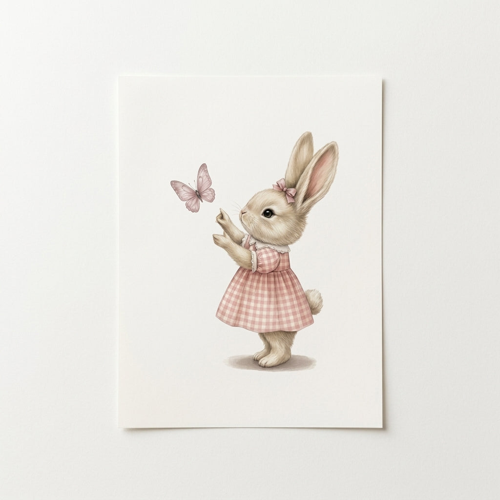 Bunny & Butterfly Nursery Poster - Cute Pink Dress Matte Vertical Print
