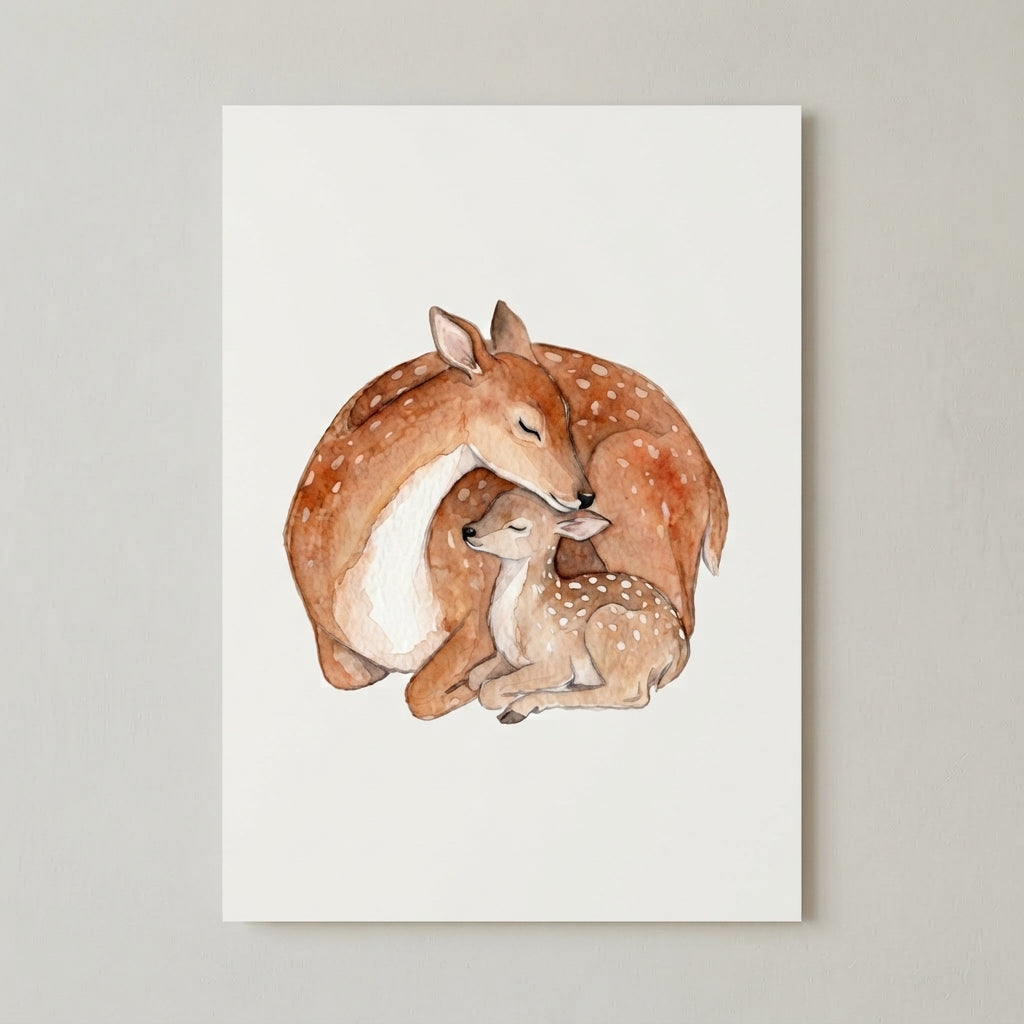 Deer Mama & Fawn Matte Poster — Woodland Nursery Wall Art