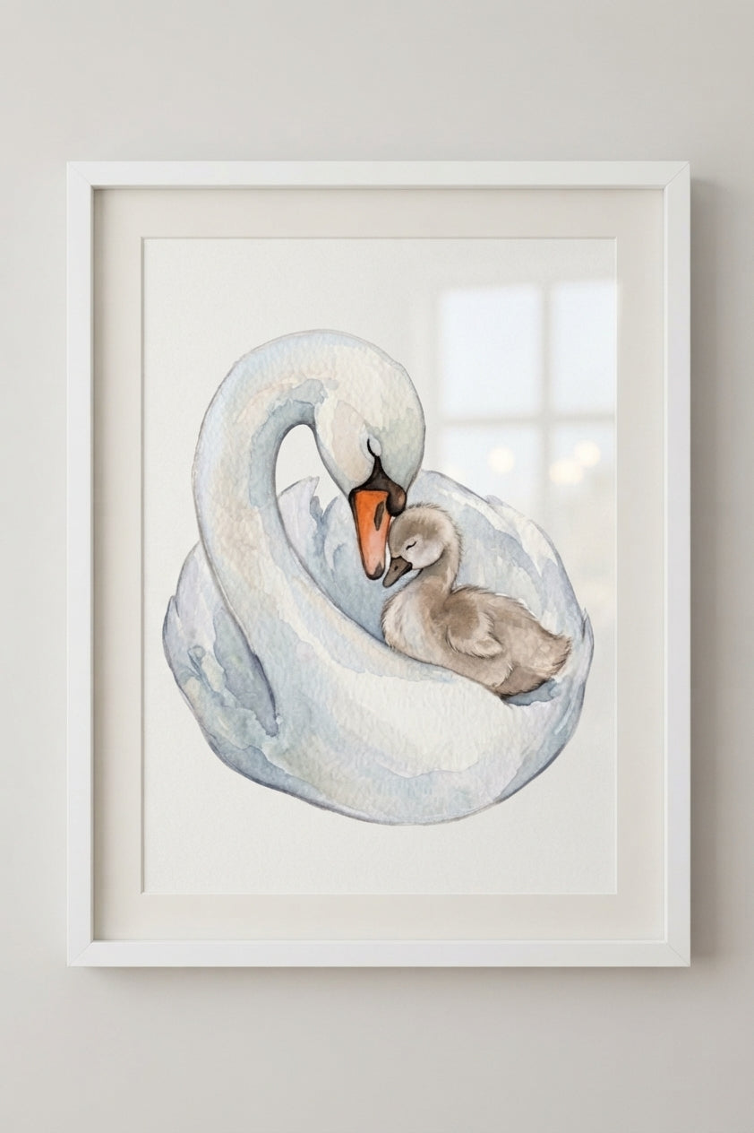 Mother and Baby Swan Poster — Watercolor Nursery Matte Vertical Print