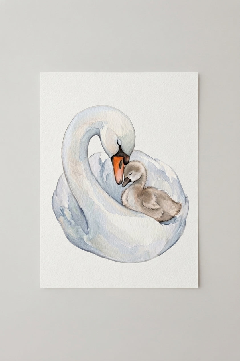 Mother and Baby Swan Poster — Watercolor Nursery Matte Vertical Print