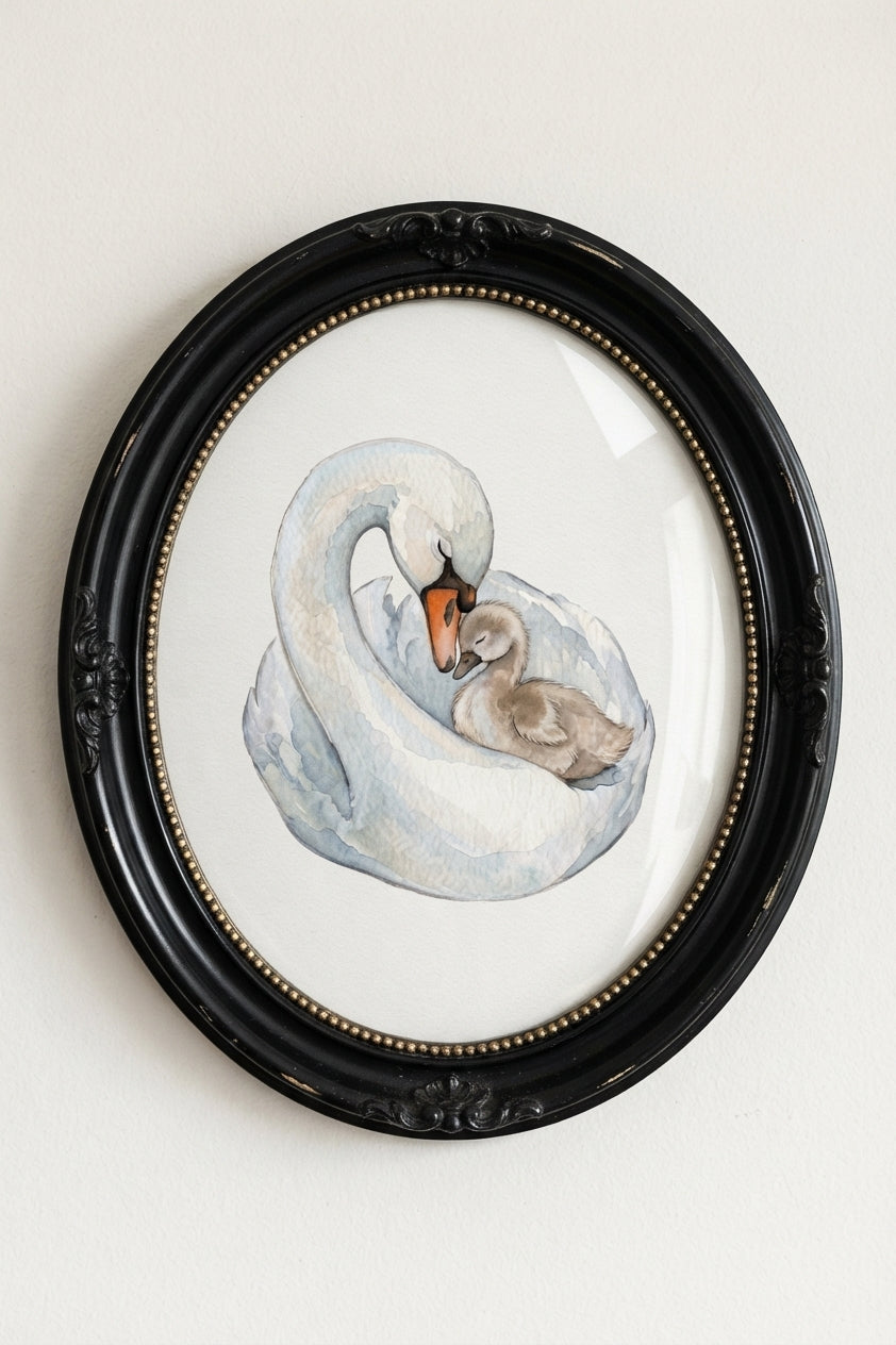 Mother and Baby Swan Poster — Watercolor Nursery Matte Vertical Print