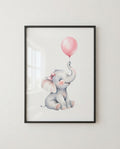 Elephant Nursery Poster — Cute Baby Elephant with Pink Balloon Matte Vertical Print