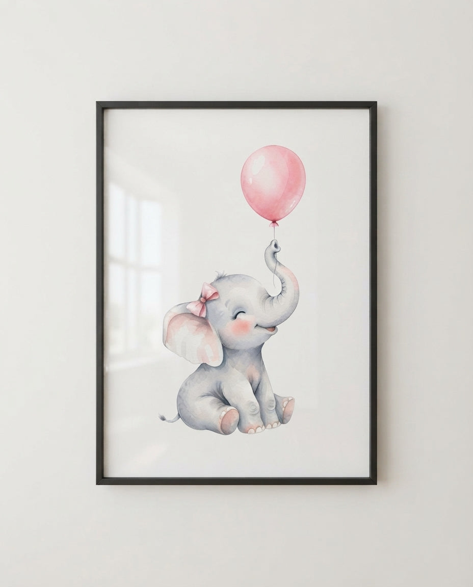 Elephant Nursery Poster — Cute Baby Elephant with Pink Balloon Matte Vertical Print