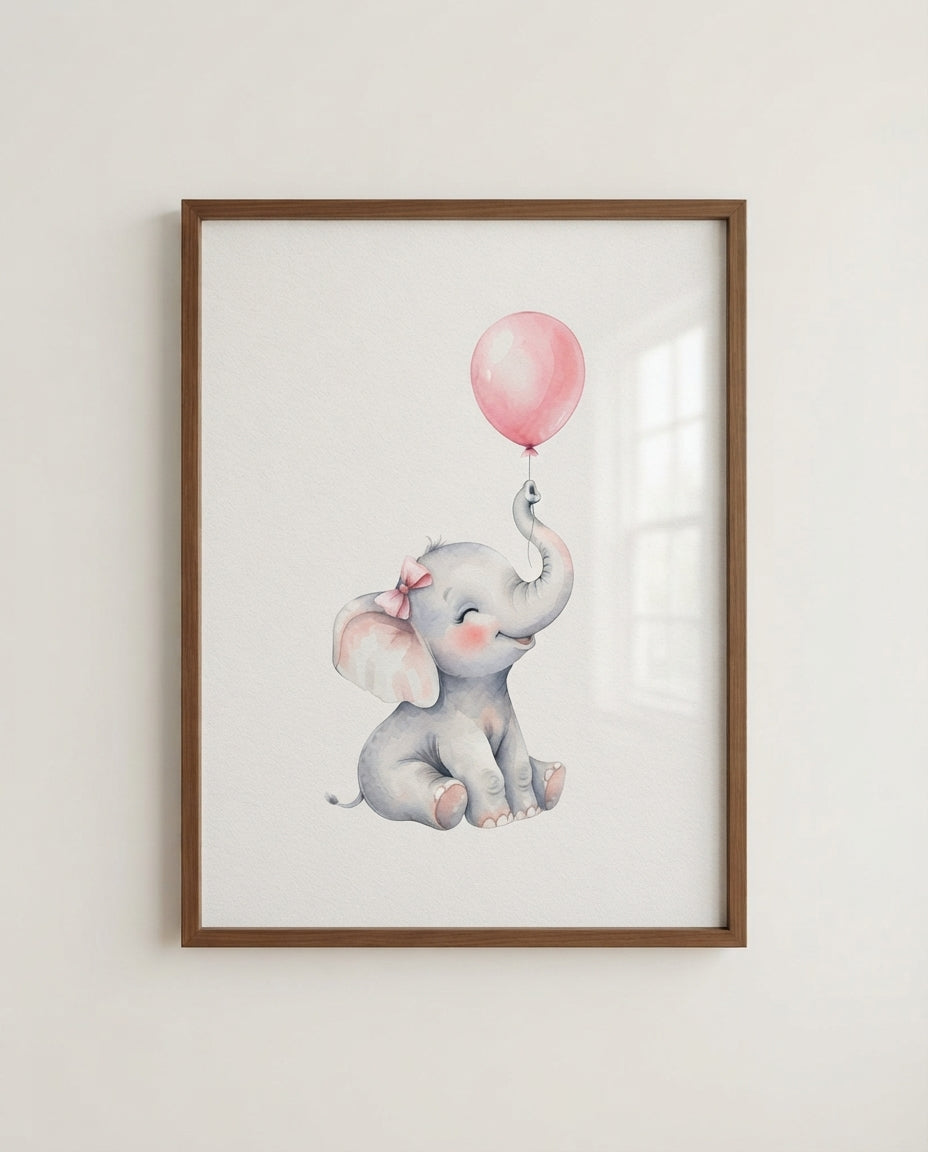 Elephant Nursery Poster — Cute Baby Elephant with Pink Balloon Matte Vertical Print