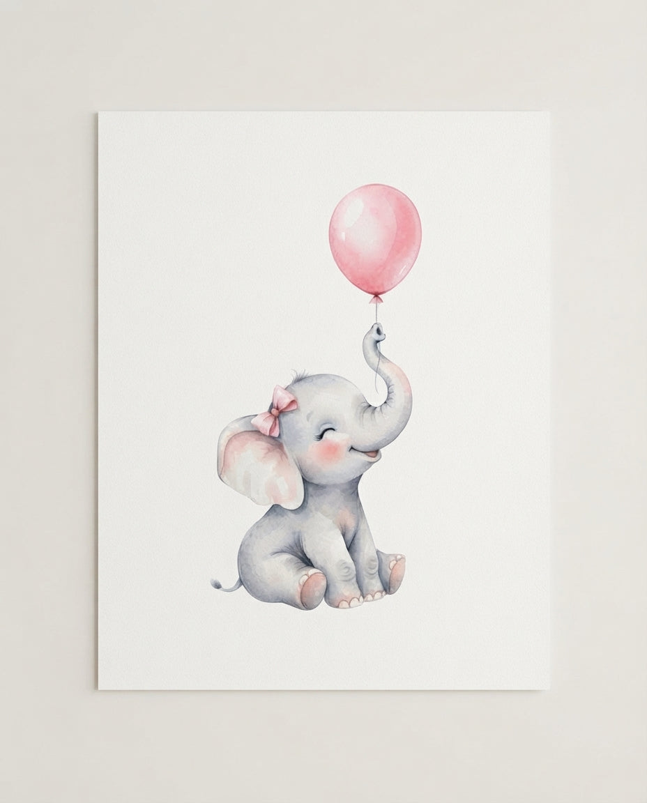 Elephant Nursery Poster — Cute Baby Elephant with Pink Balloon Matte Vertical Print