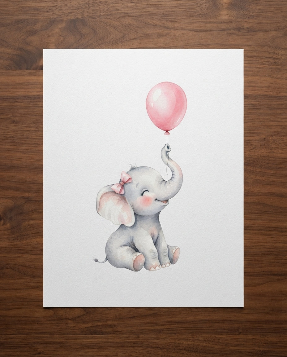 Elephant Nursery Poster — Cute Baby Elephant with Pink Balloon Matte Vertical Print