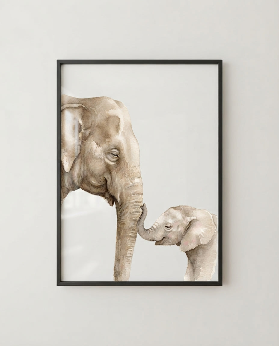 Elephant Mama & Baby Matte Poster — Nursery Wall Art