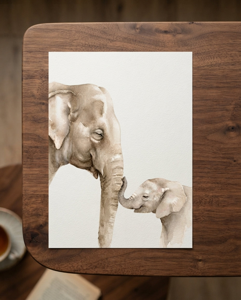 Elephant Mama & Baby Matte Poster — Nursery Wall Art
