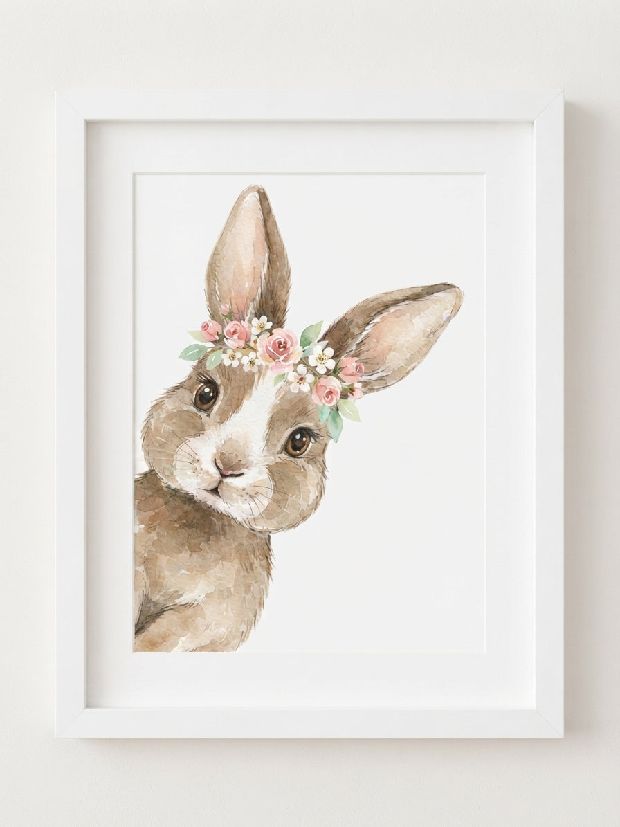 Bunny with Flower Crown Poster — Cute Nursery Wall Art, Spring  Decor