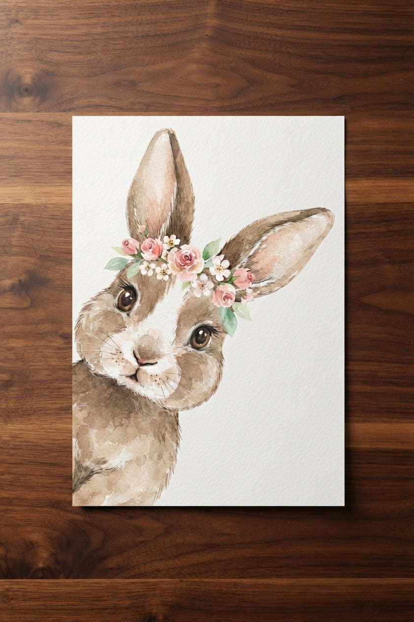 Bunny with Flower Crown Poster — Cute Nursery Wall Art, Spring  Decor