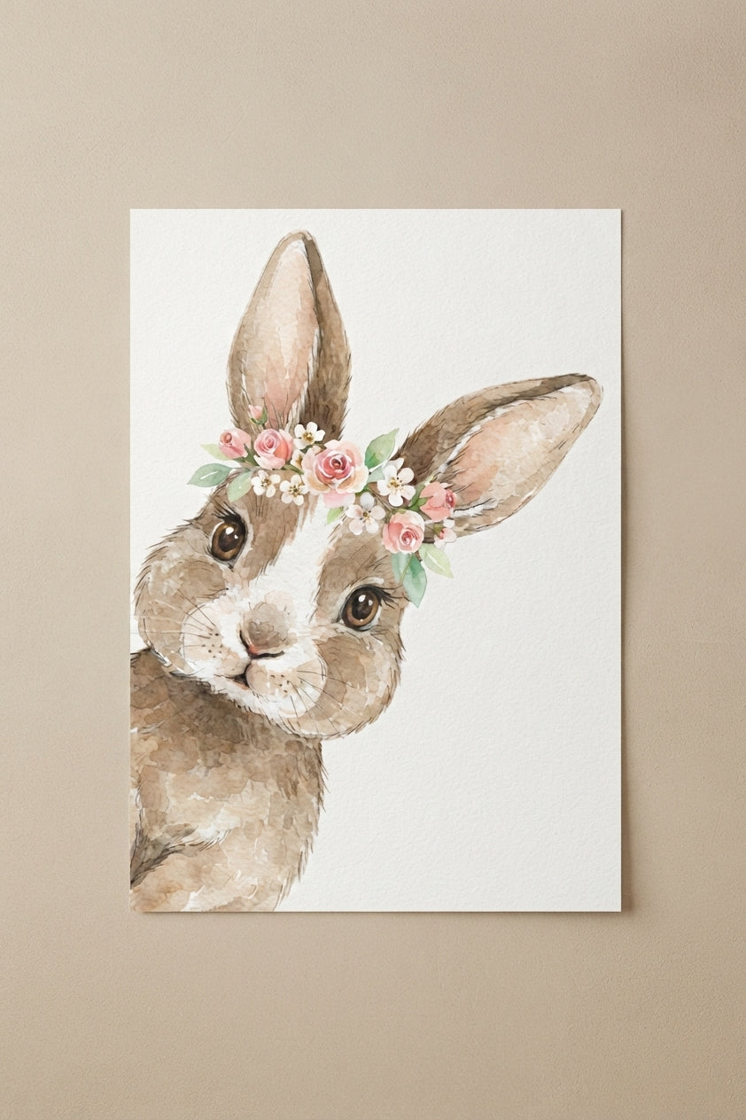 Bunny with Flower Crown Poster — Cute Nursery Wall Art, Spring  Decor
