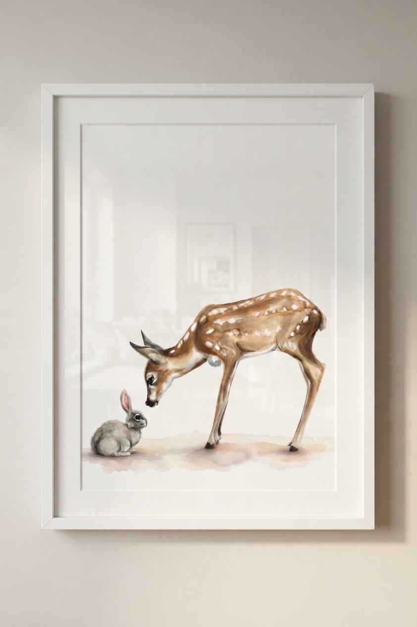 Deer and Bunny Watercolor Poster — Woodland Nursery Animal Art Matte Vertical Print
