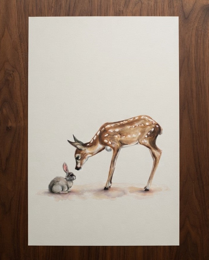 Deer and Bunny Watercolor Poster — Woodland Nursery Animal Art Matte Vertical Print