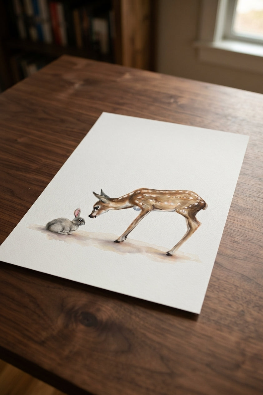 Deer and Bunny Watercolor Poster — Woodland Nursery Animal Art Matte Vertical Print