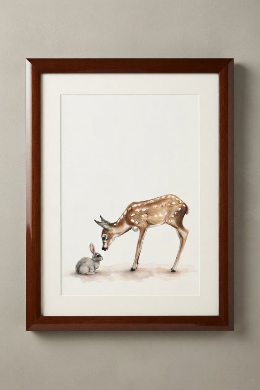 Deer and Bunny Watercolor Poster — Woodland Nursery Animal Art Matte Vertical Print