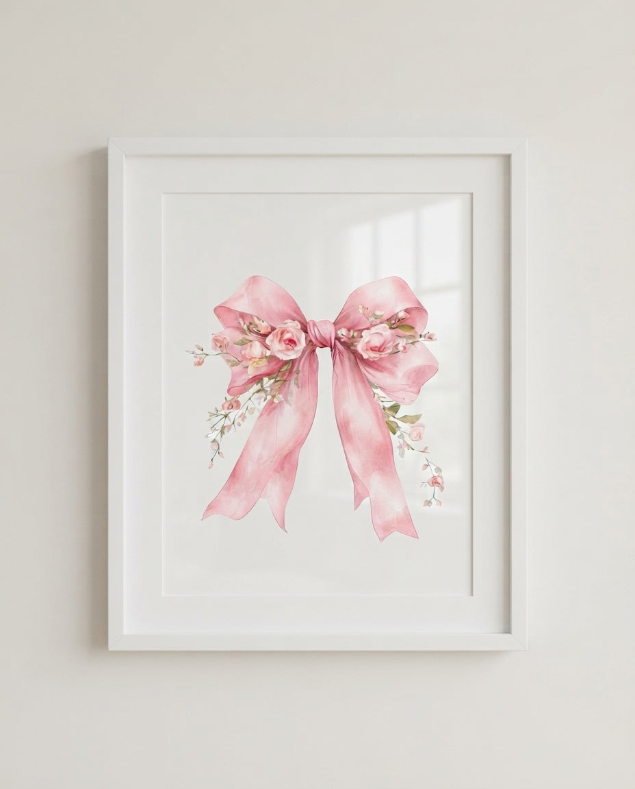 Pink Floral Bow Poster — Matte Vertical Wall Art for Nursery, Bedroom & Gift