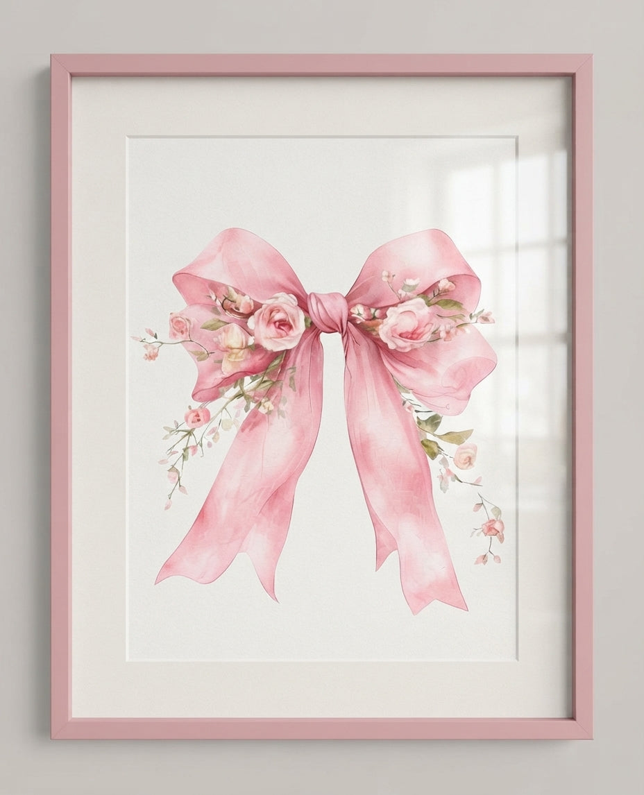 Pink Floral Bow Poster — Matte Vertical Wall Art for Nursery, Bedroom & Gift