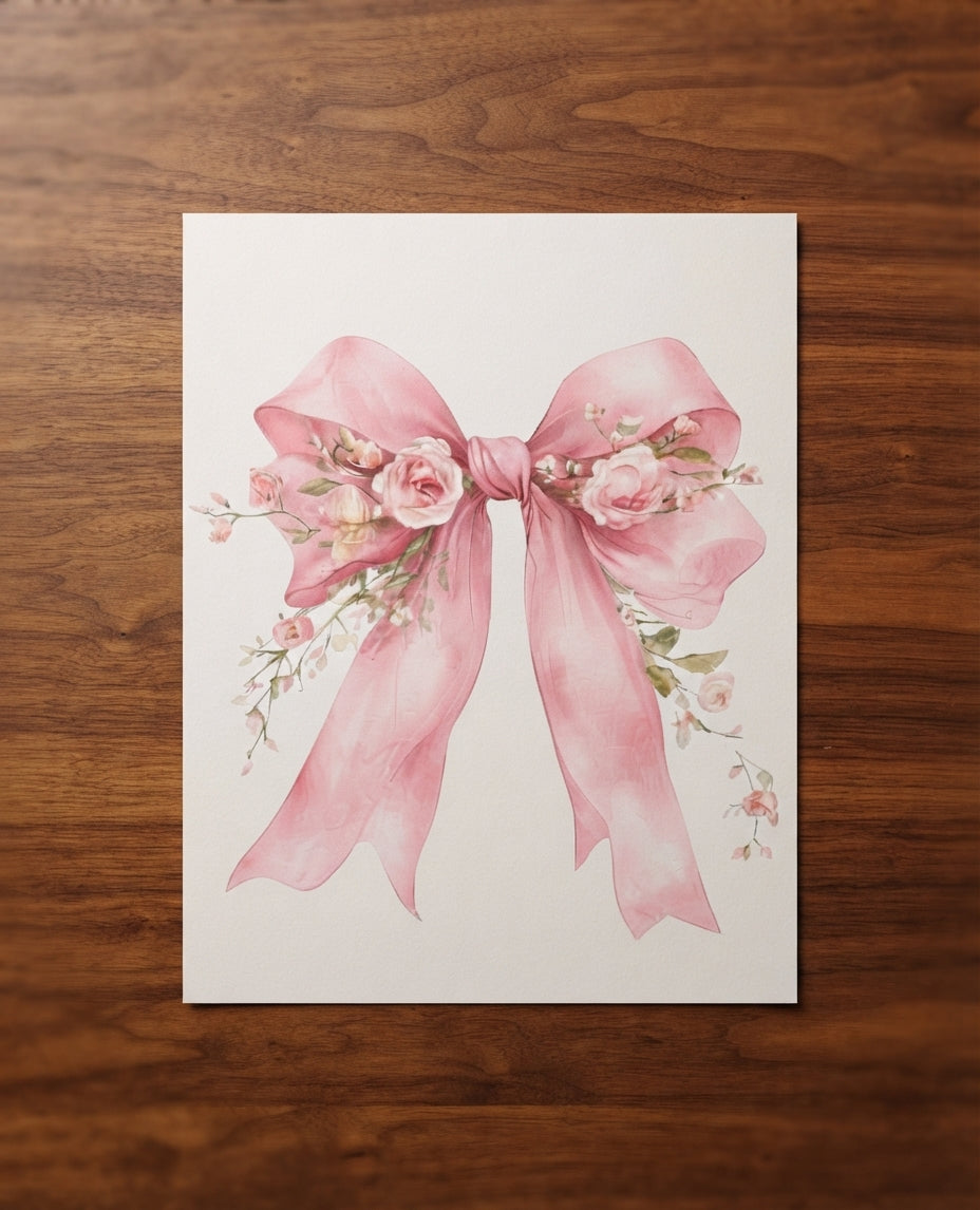 Pink Floral Bow Poster — Matte Vertical Wall Art for Nursery, Bedroom & Gift