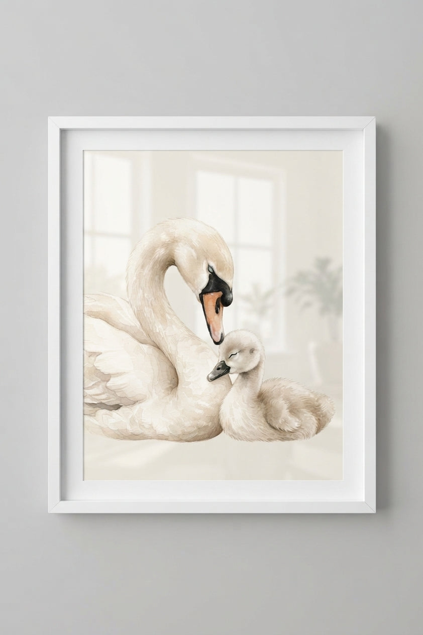 Swan & Cygnet Matte Poster — Nursery Wall Art, Calm Neutral Animal Print