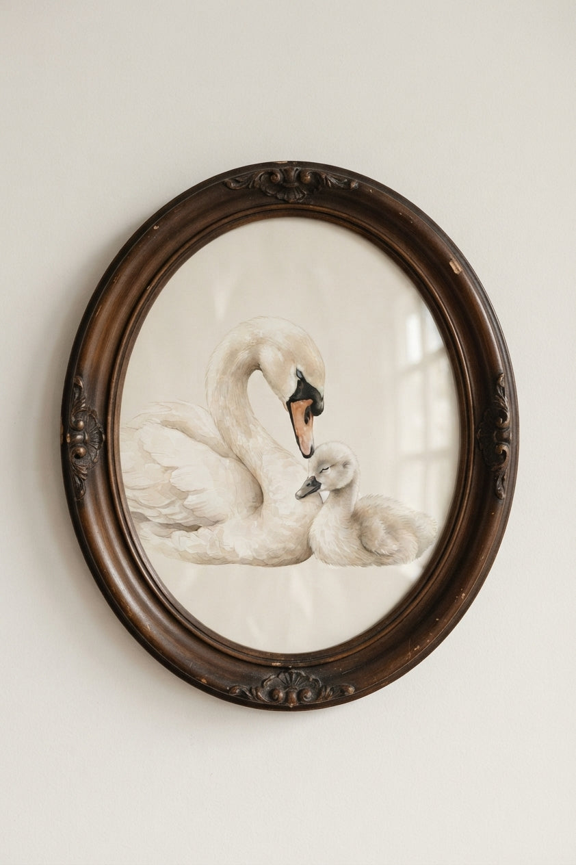 Swan & Cygnet Matte Poster — Nursery Wall Art, Calm Neutral Animal Print