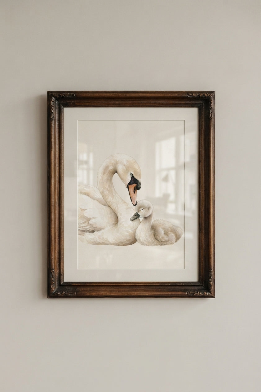 Swan & Cygnet Matte Poster — Nursery Wall Art, Calm Neutral Animal Print