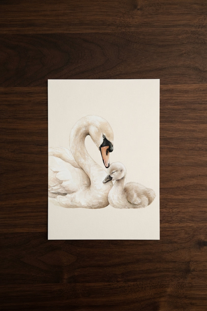 Swan & Cygnet Matte Poster — Nursery Wall Art, Calm Neutral Animal Print