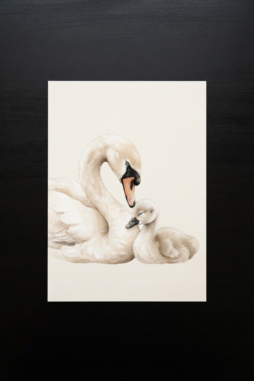 Swan & Cygnet Matte Poster — Nursery Wall Art, Calm Neutral Animal Print