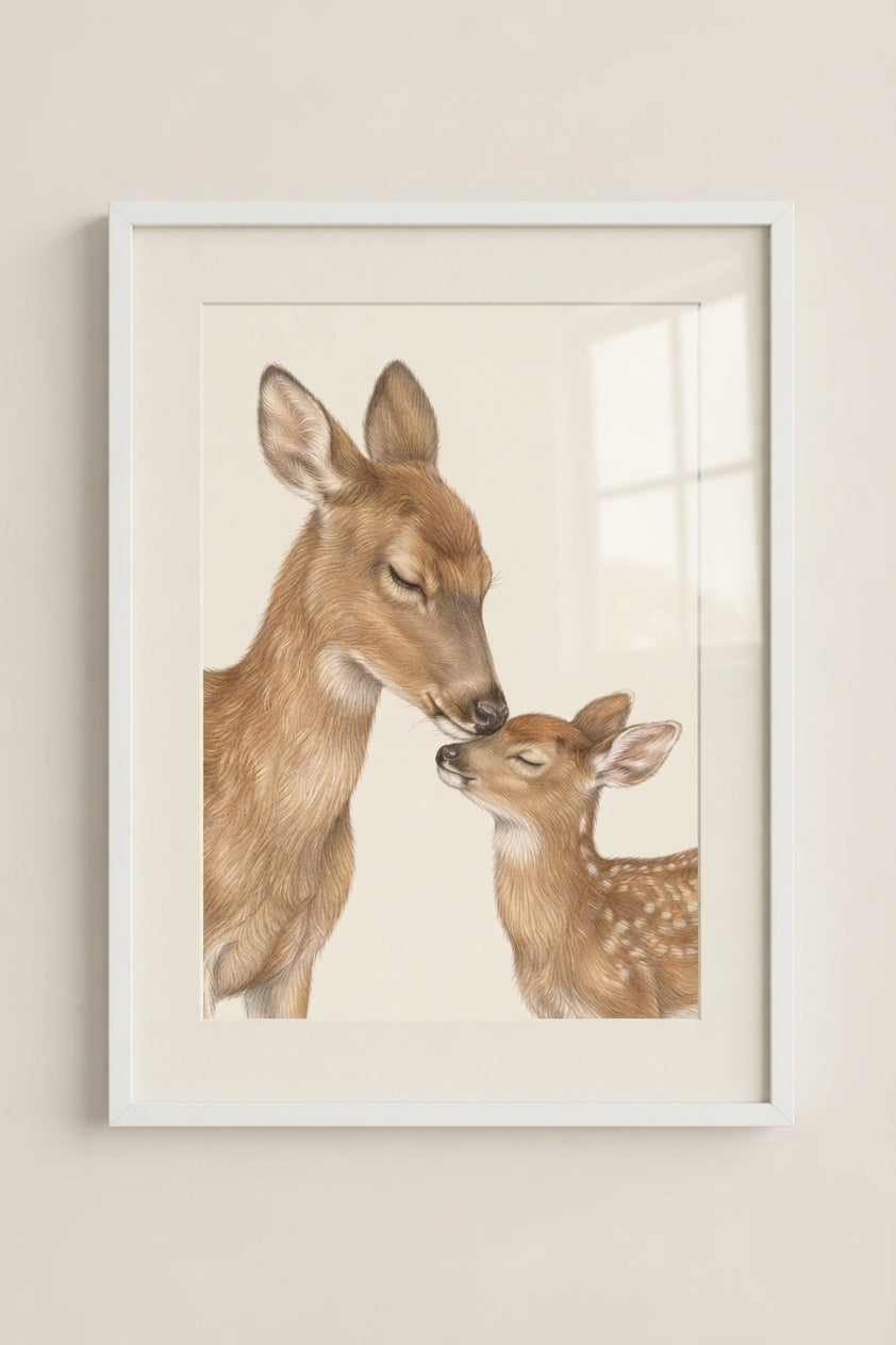 Deer Mother & Fawn Matte Poster — Nursery Woodland Animal Print
