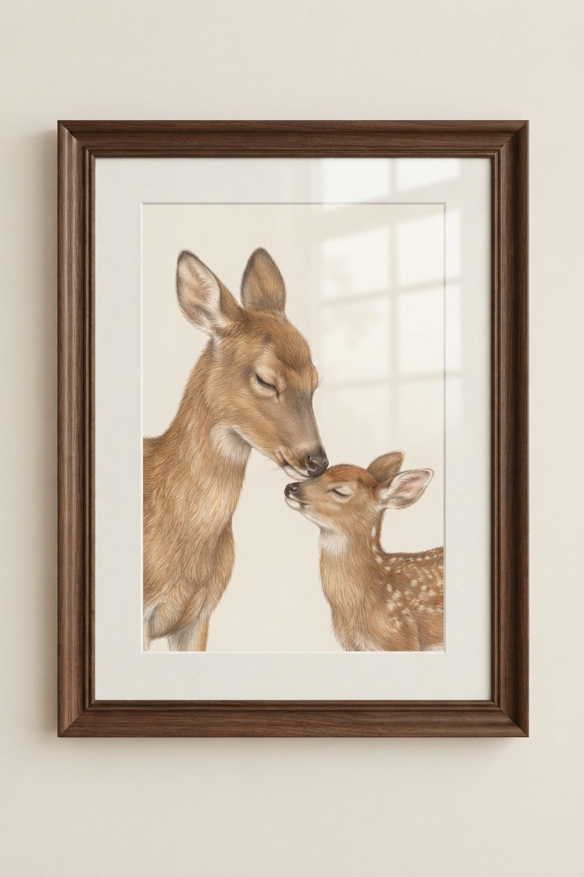Deer Mother & Fawn Matte Poster — Nursery Woodland Animal Print
