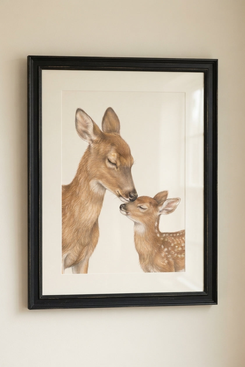 Deer Mother & Fawn Matte Poster — Nursery Woodland Animal Print