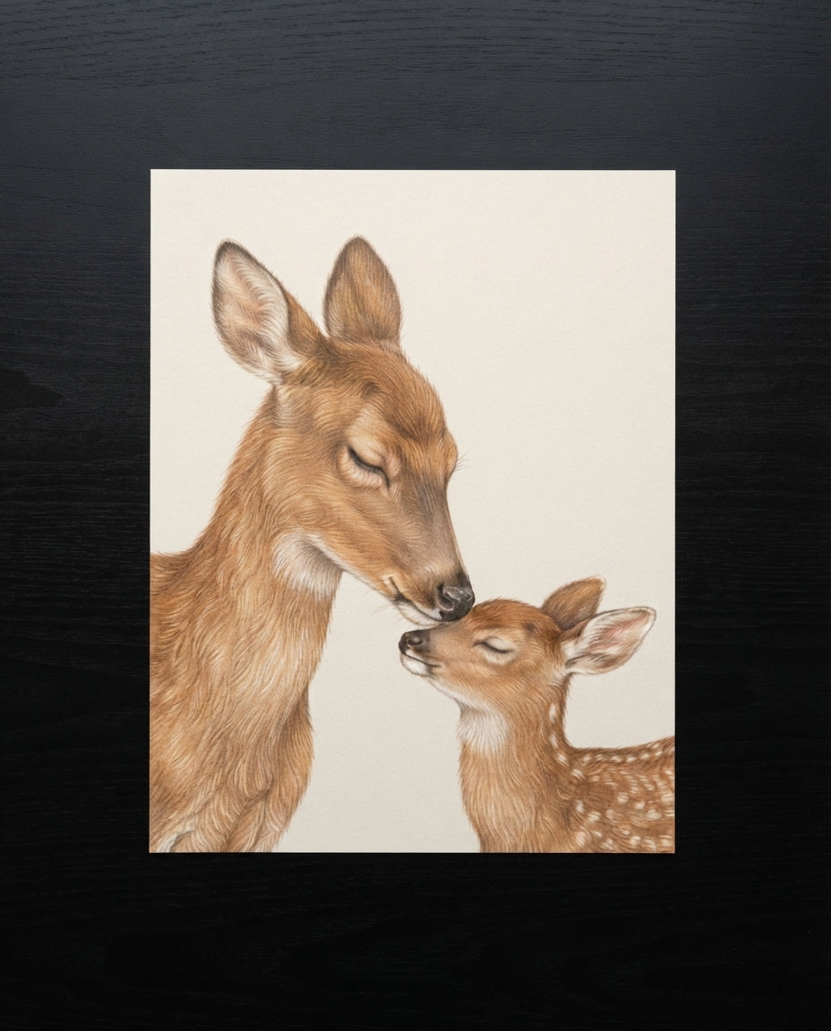 Deer Mother & Fawn Matte Poster — Nursery Woodland Animal Print