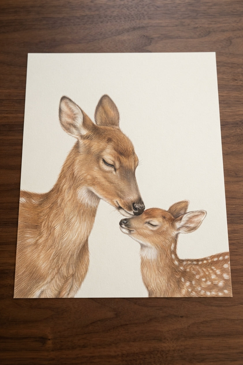Deer Mother & Fawn Matte Poster — Nursery Woodland Animal Print