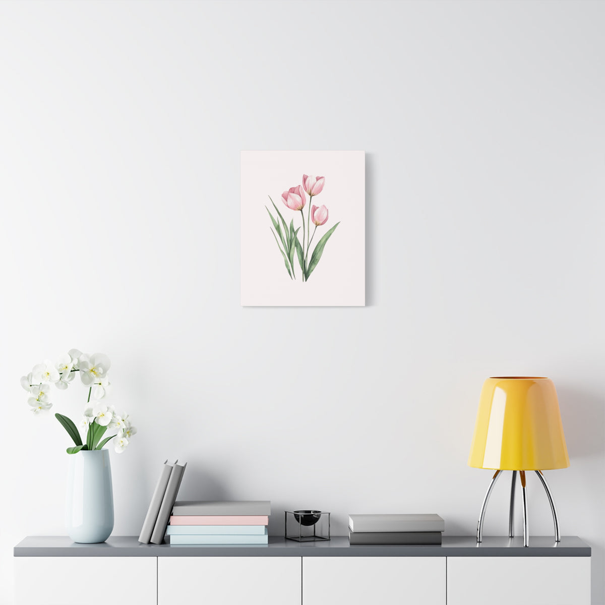Pink Tulip Watercolor Canvas Print — Stretched Matte Floral Wall Art for Baby Girl Nursery