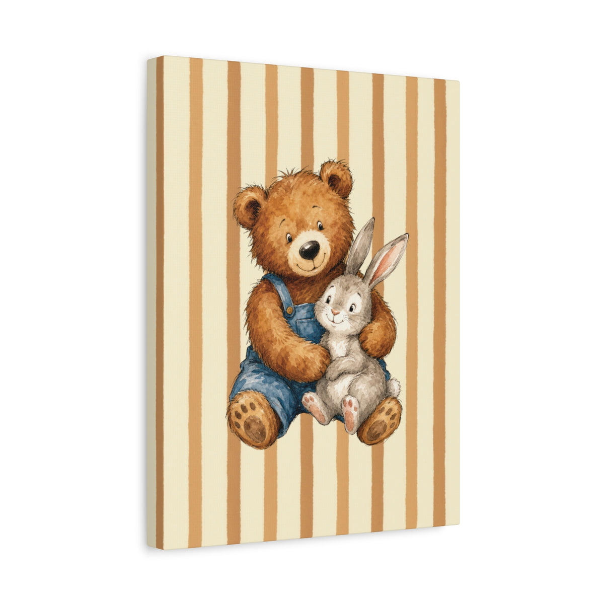 Nursery Canvas Wall Art – Teddy Bear and Bunny on Beige Stripes