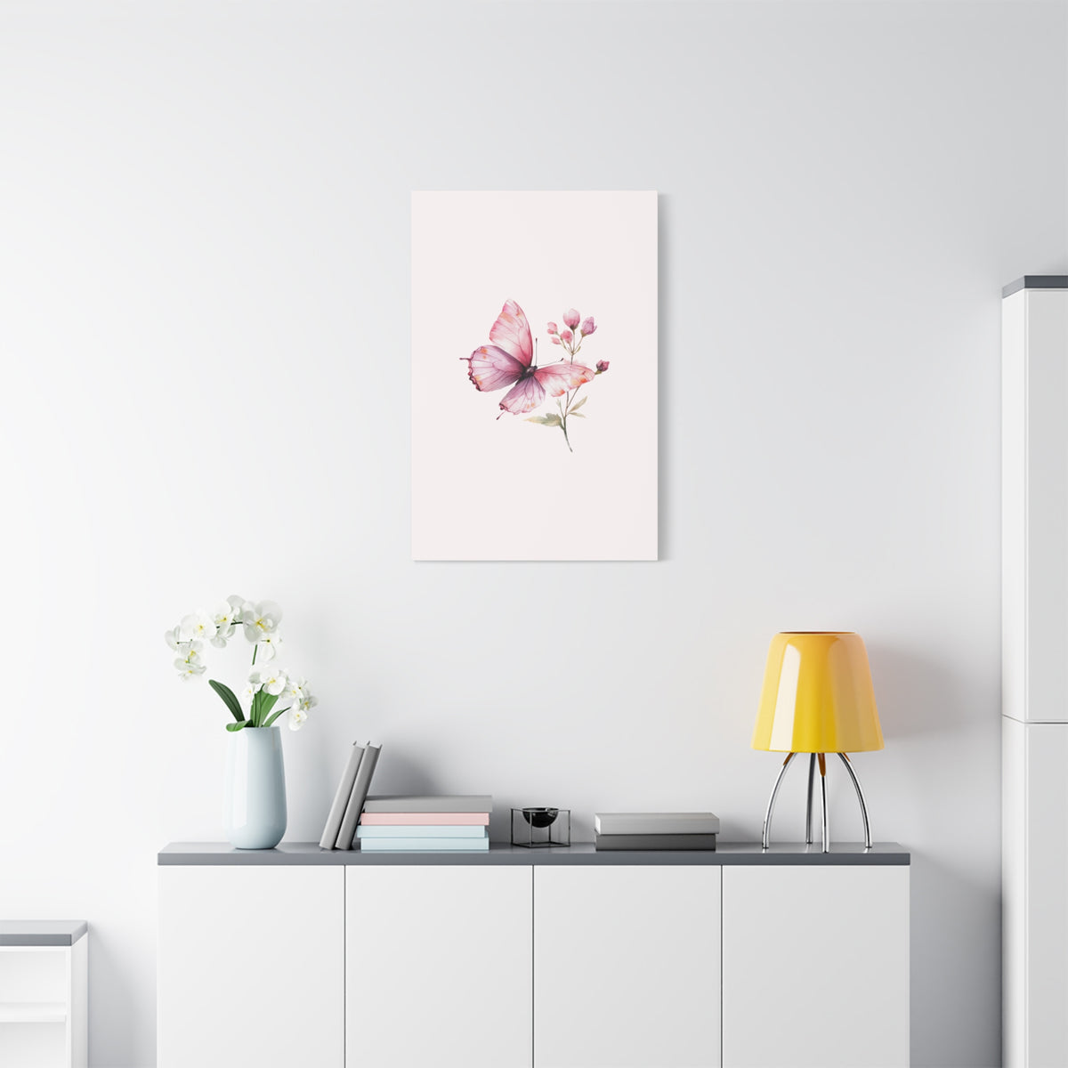 Butterfly Watercolor Canvas Print — Pink Floral Wall Art, Matte Stretched Canvas