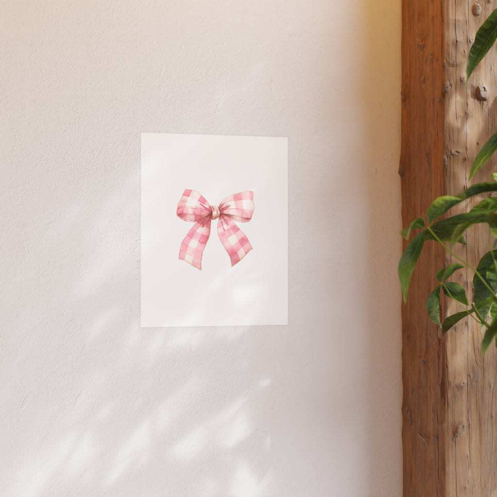 Pink Gingham Bow Poster — Cute Nursery Wall Art (Satin & Matte Prints)