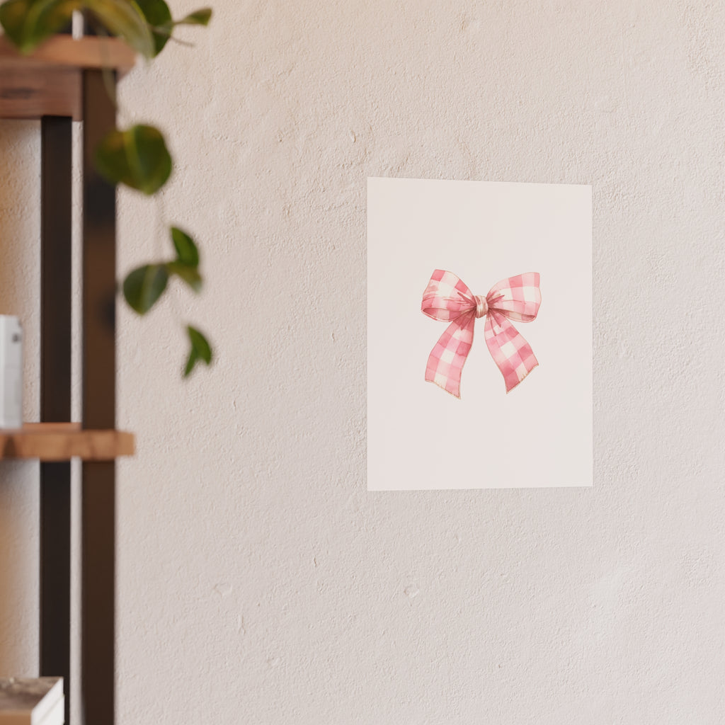 Pink Gingham Bow Poster — Cute Nursery Wall Art (Satin & Matte Prints)