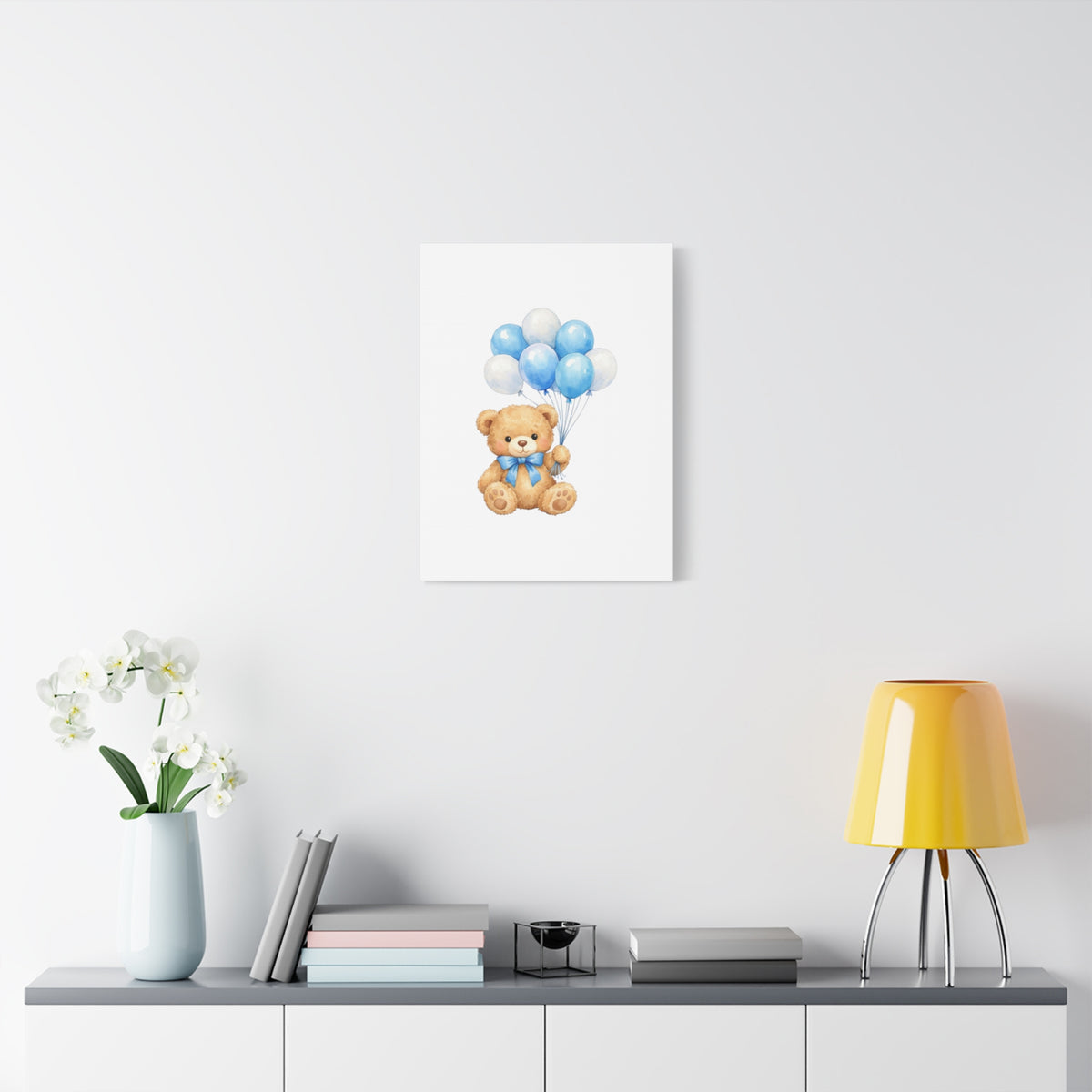 Baby Blue Teddy with Balloons Canvas Print — Nursery Wall Art