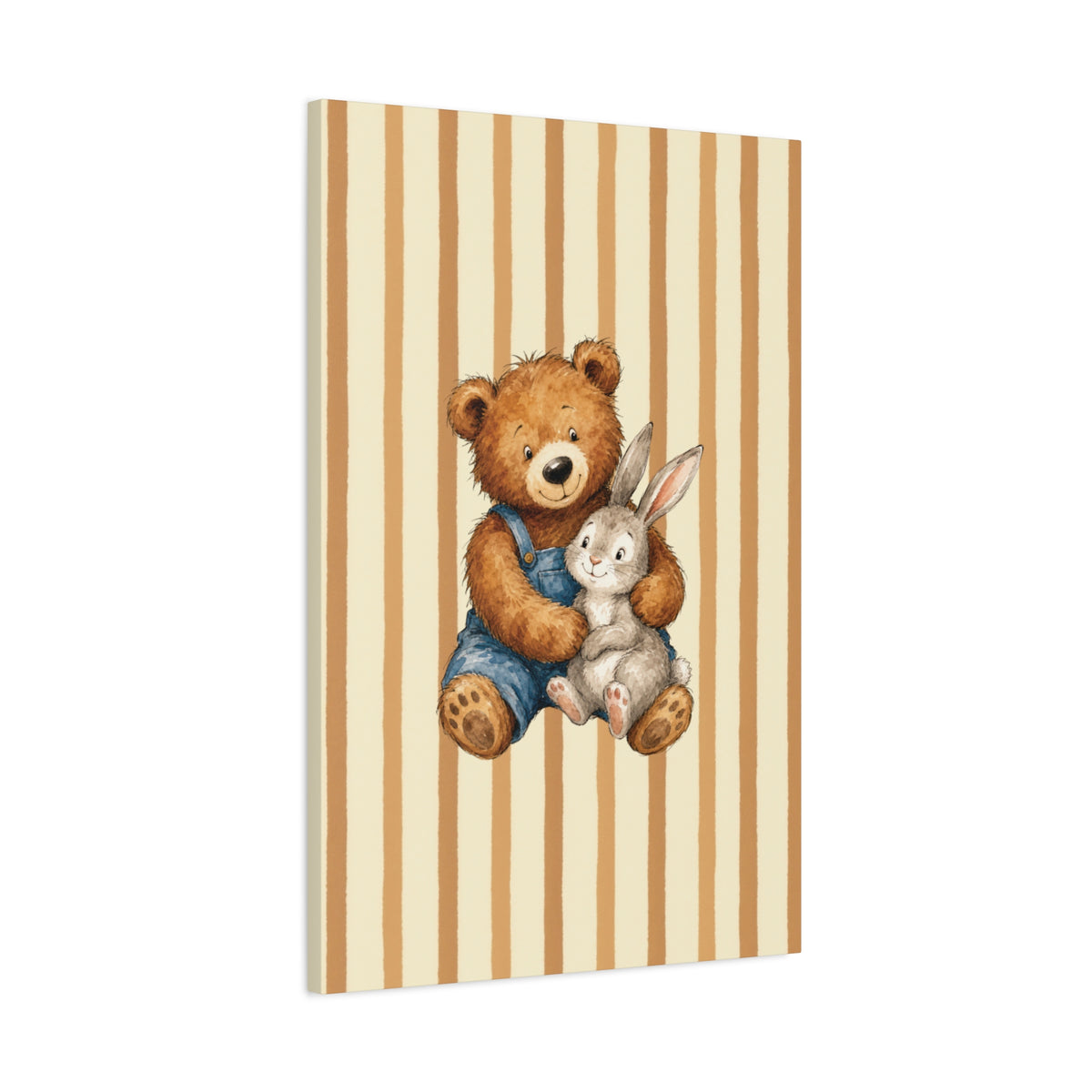 Nursery Canvas Wall Art – Teddy Bear and Bunny on Beige Stripes