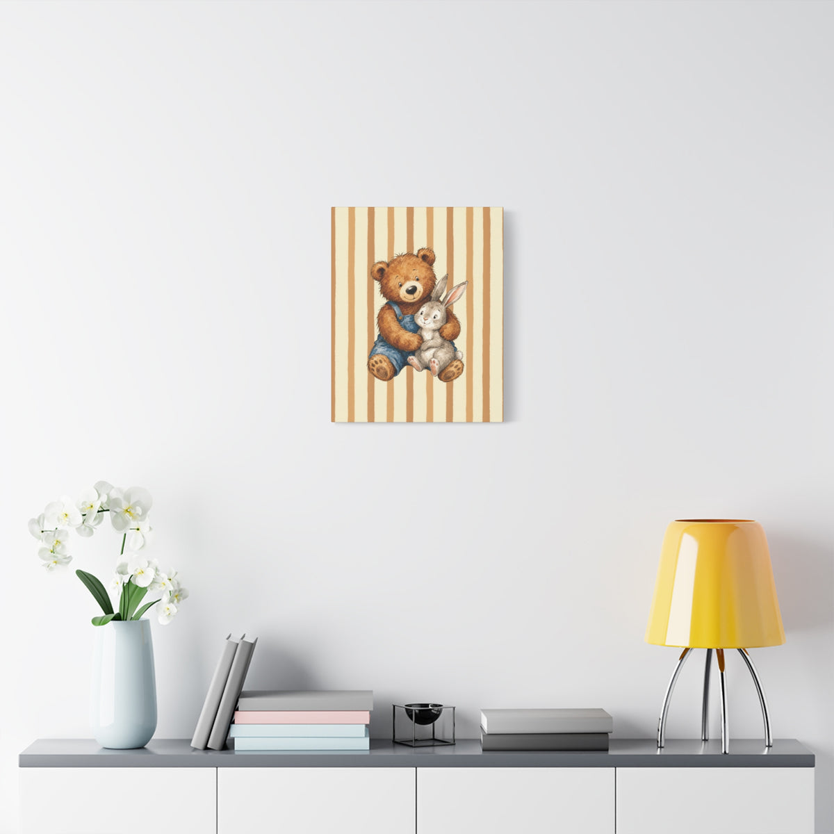 Nursery Canvas Wall Art – Teddy Bear and Bunny on Beige Stripes