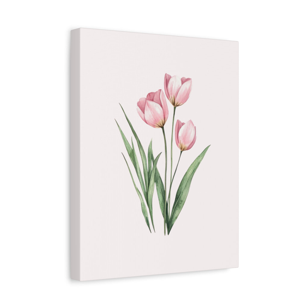 Pink Tulip Watercolor Canvas Print — Stretched Matte Floral Wall Art for Baby Girl Nursery