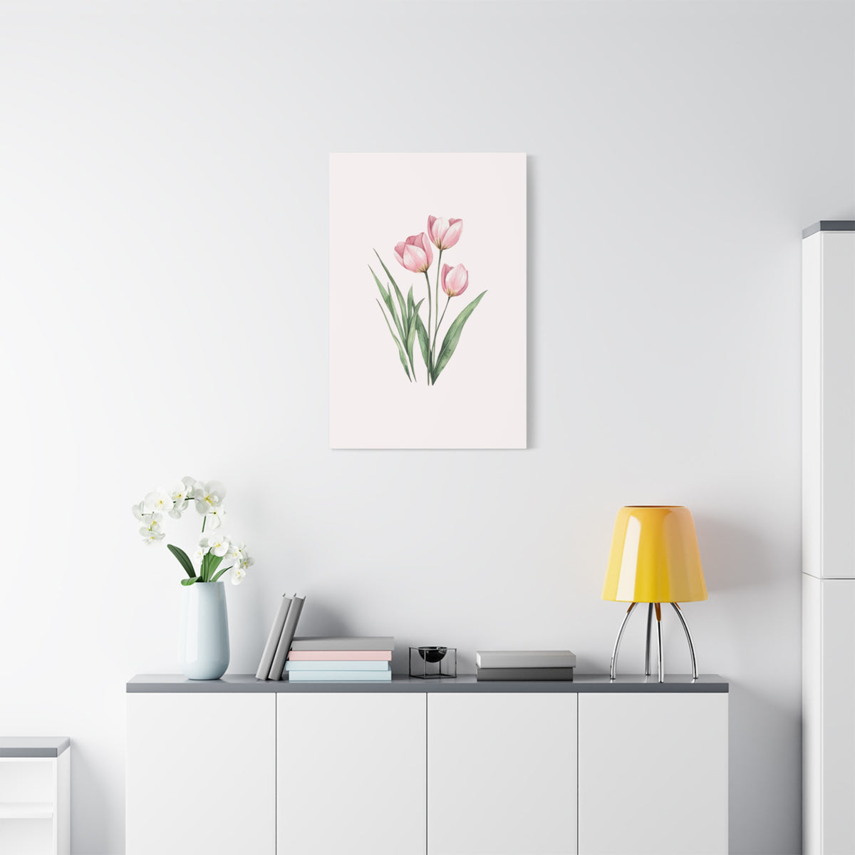 Pink Tulip Watercolor Canvas Print — Stretched Matte Floral Wall Art for Baby Girl Nursery
