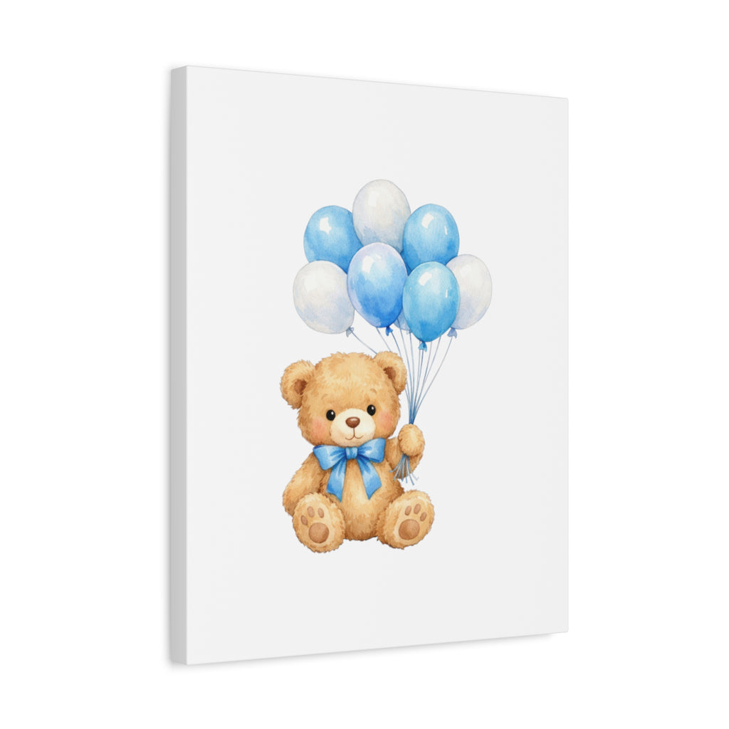 Baby Blue Teddy with Balloons Canvas Print — Nursery Wall Art