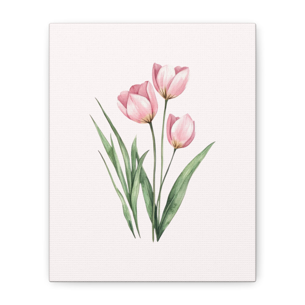 Pink Tulip Watercolor Canvas Print — Stretched Matte Floral Wall Art for Baby Girl Nursery