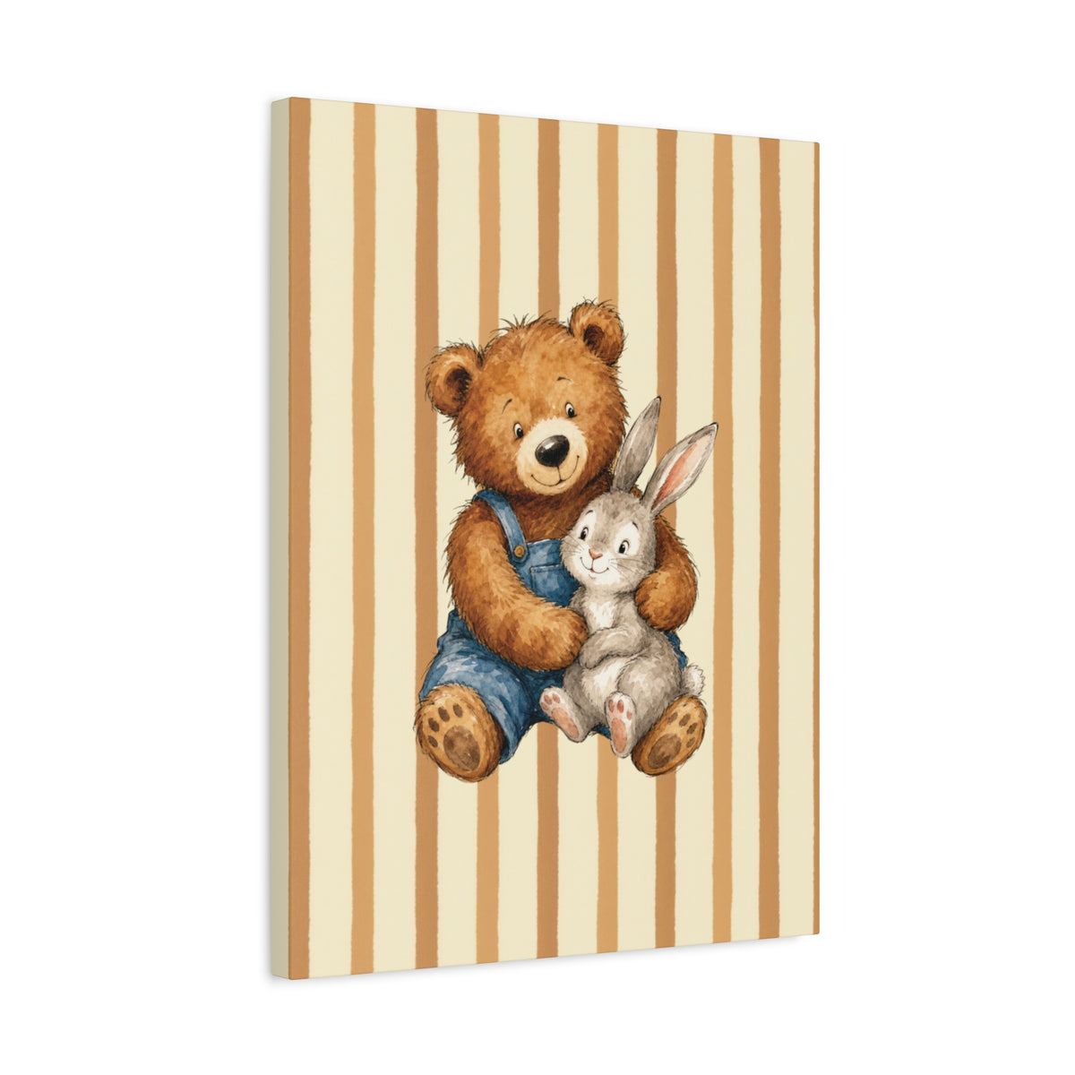 Nursery Canvas Wall Art – Teddy Bear and Bunny on Beige Stripes